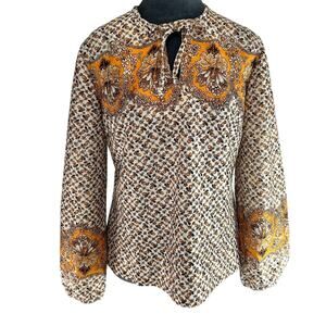 VTG Blouse- some wear- size Small/medium- 70s groovy- brown orange tie